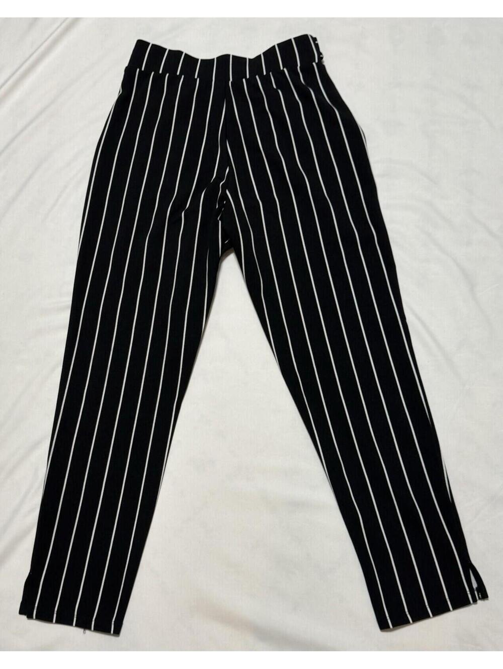 Streetwear Society Women's Black White Striped Dress Pants Straight Leg Belt